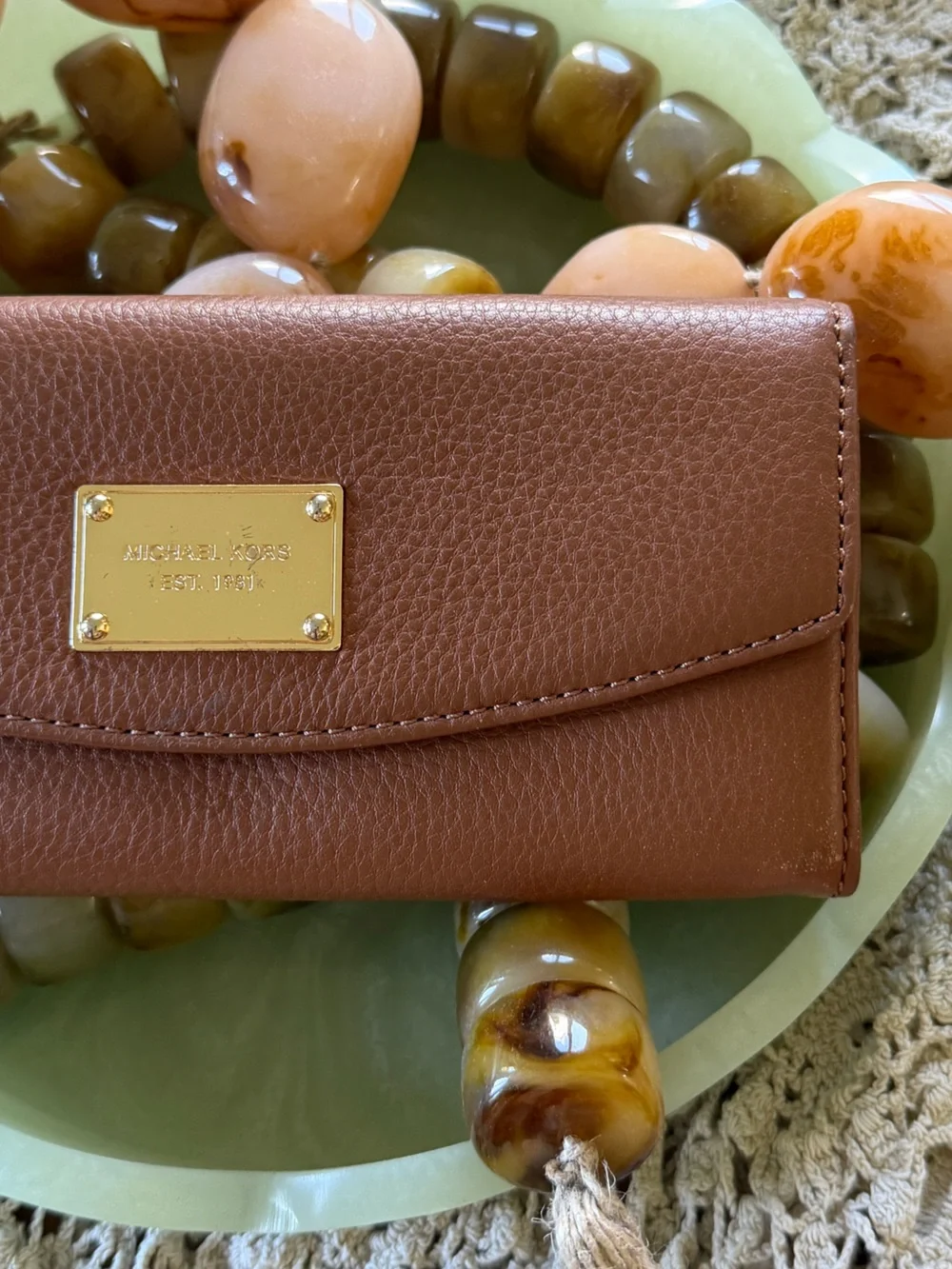 Michael Kors Cognac Pebbled Leather Continental Wallet with Gold Plaque